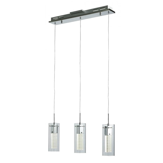 Three Light Polished Chrome Clear Crystal Outer, Etched Crystal Inner Glass Multi Light Pendant