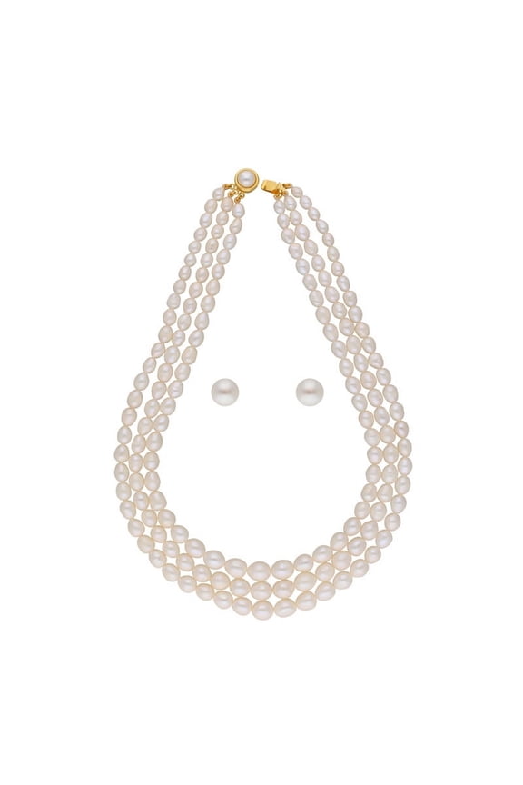 Three Line Graded Pearl Necklace Set For Womens