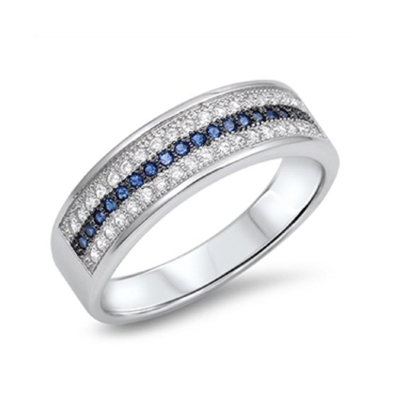 Three Lines Designer Simulated Sapphire Cubic Zirconia Ring Sterling Silver 925