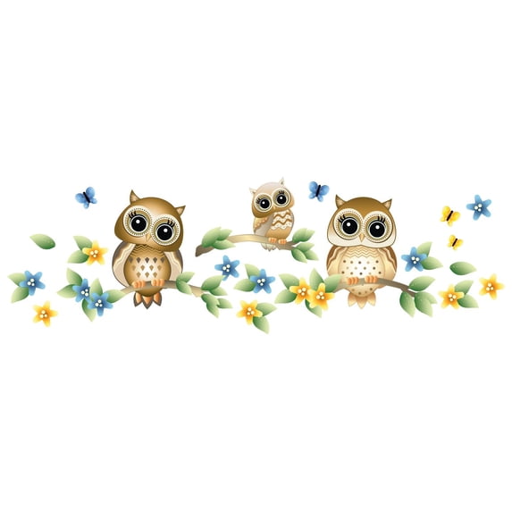 Three Little Cute Owl Sitting On A Tree Wall Art Decal - 10 Inches x 20 Inches Vinyl Adhesive Home Giant Decor Birds Design Kids Bedroom Nursery Living Room Removable Sticker Decoration