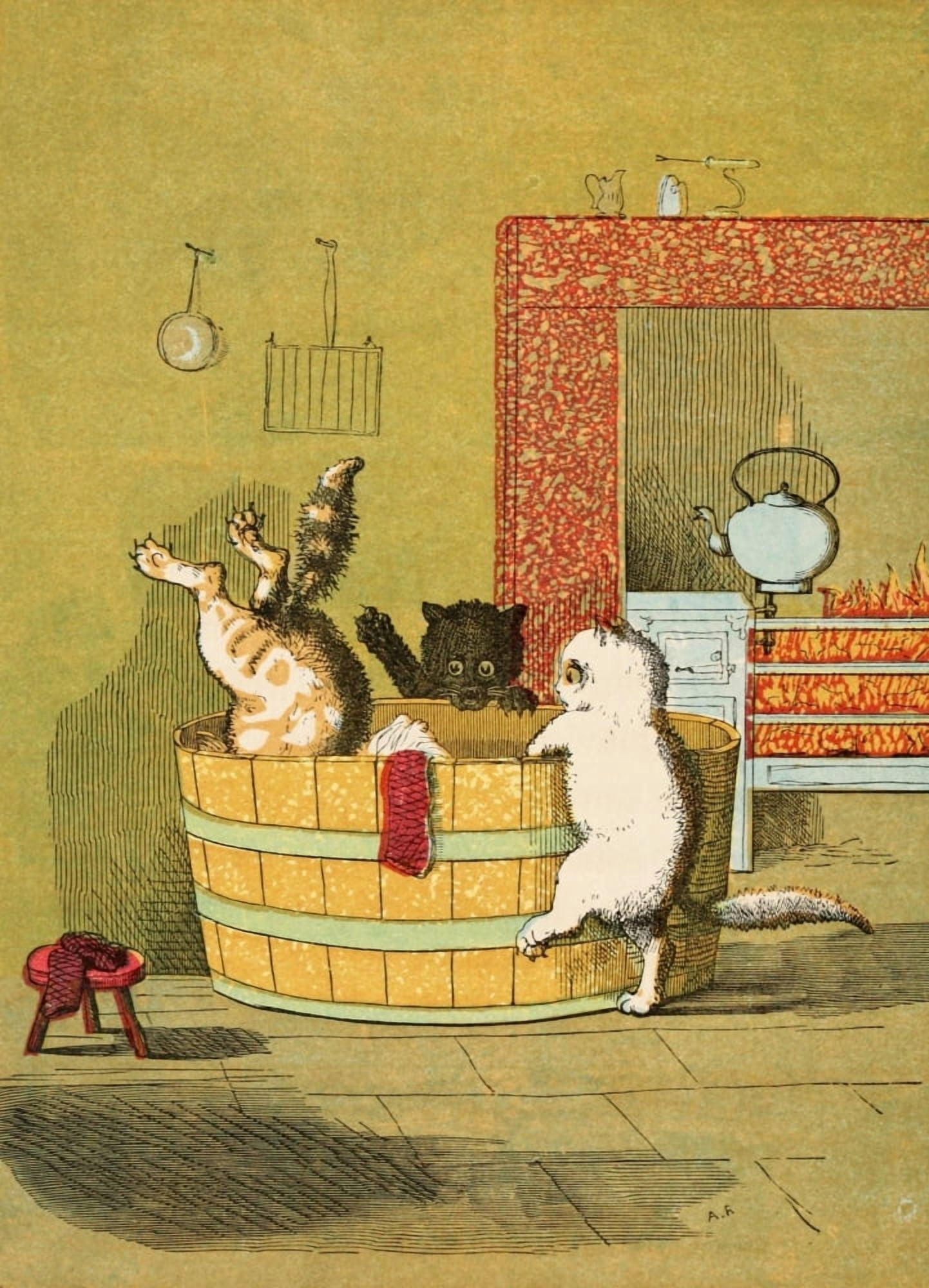 Three Little Kittens 1859 Falling in to the wash-tub Canvas Art - RM Ballantyne (18 x 24)