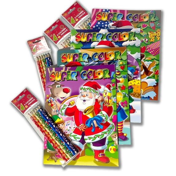 Three Little Twigs: Christmas Coloring Books 8pc Bundle - 4 Assorted Themed Coloring Books, 4 Packs Of 6ct Colored Pencils, Art Supplies, Kids Ages 3+