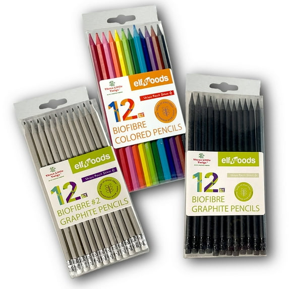 Three Little Twigs: Elfwoods: Biofibre Pencils 3pk Bundle - 12ct Colored, 12ct Graphite, 12ct #2 Graphite, Eco-Friendly, Adult Drawing Art Supplies