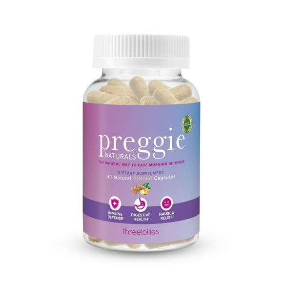 Three Lollies Preggie Naturals Ginger Capsules - Nausea Relief Supplement - Morning Sickness Prevention & Nausea Relief During Pregnancy - Immune Support - Made in USA - 1000mg Ginger Root - 30 Caps