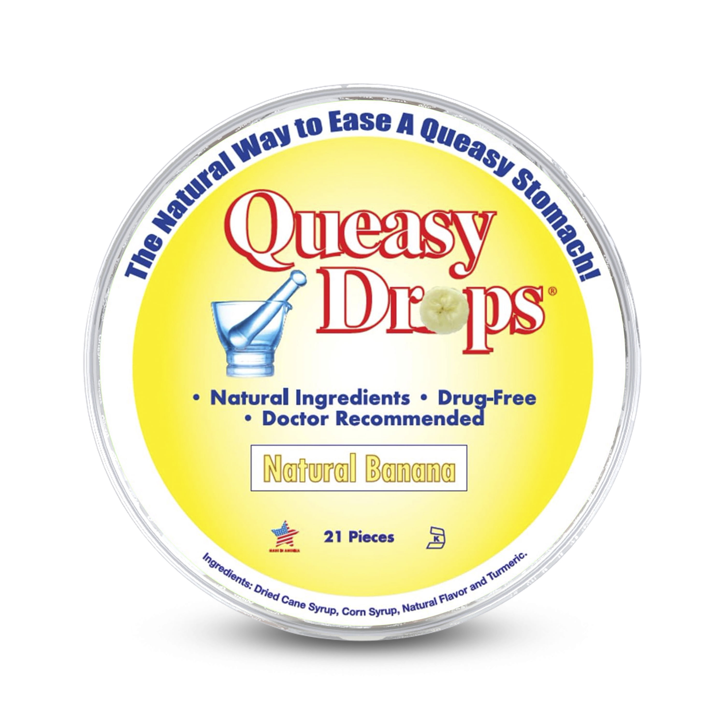 Three Lollies Queasy Drops - Banana Flavor - Relief from Chemotherapy Nausea & Travel Sickness - Alleviates a Dry Mouth - Drug Free, Non-Drowsy - Natural Ingredients - 21 ct