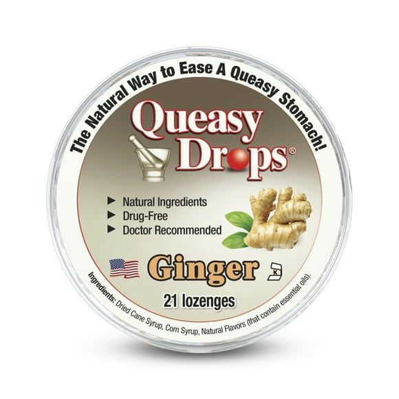 Three Lollies Queasy Drops - Ginger Flavor - Relief from Chemotherapy Nausea & Travel Sickness - Alleviates a Dry Mouth - Non-Drowsy - Natural Ingredients - 21 ct
