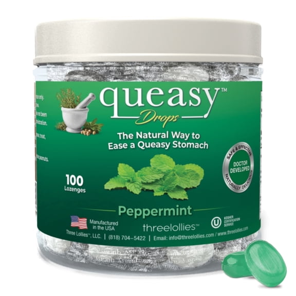 Three Lollies Queasy Drops - Peppermint Flavor - Relief from Nausea & Travel Sickness, Soothes Dry Mouth & Stomach, Natural Ingredients - 32 ct