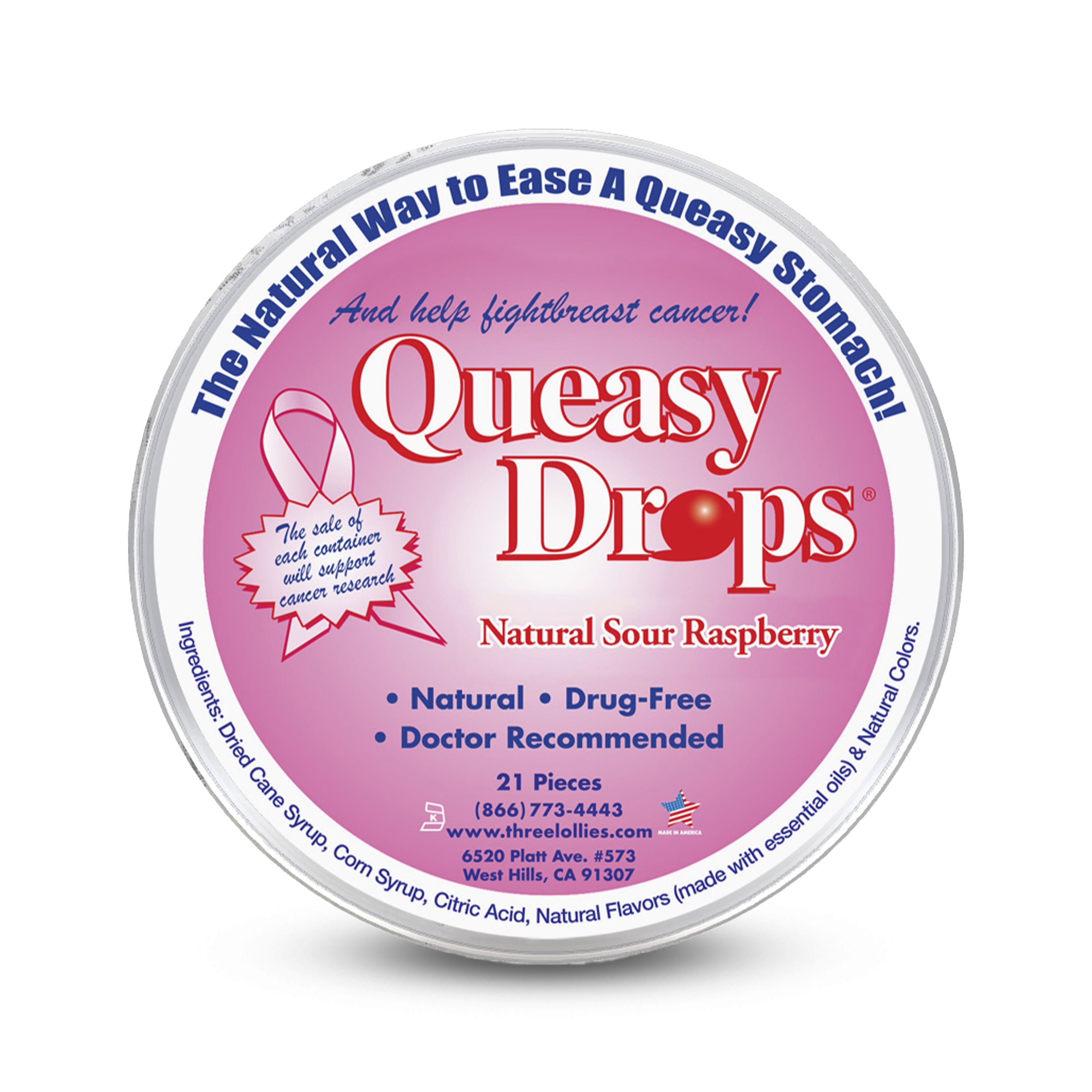 Three Lollies Queasy Drops Pink - Natural Sour Raspberry Flavor - Relief from Nausea & Travel Sickness - Alleviates a Dry Mouth - Non-Drowsy - Natural Ingredients - 21 ct