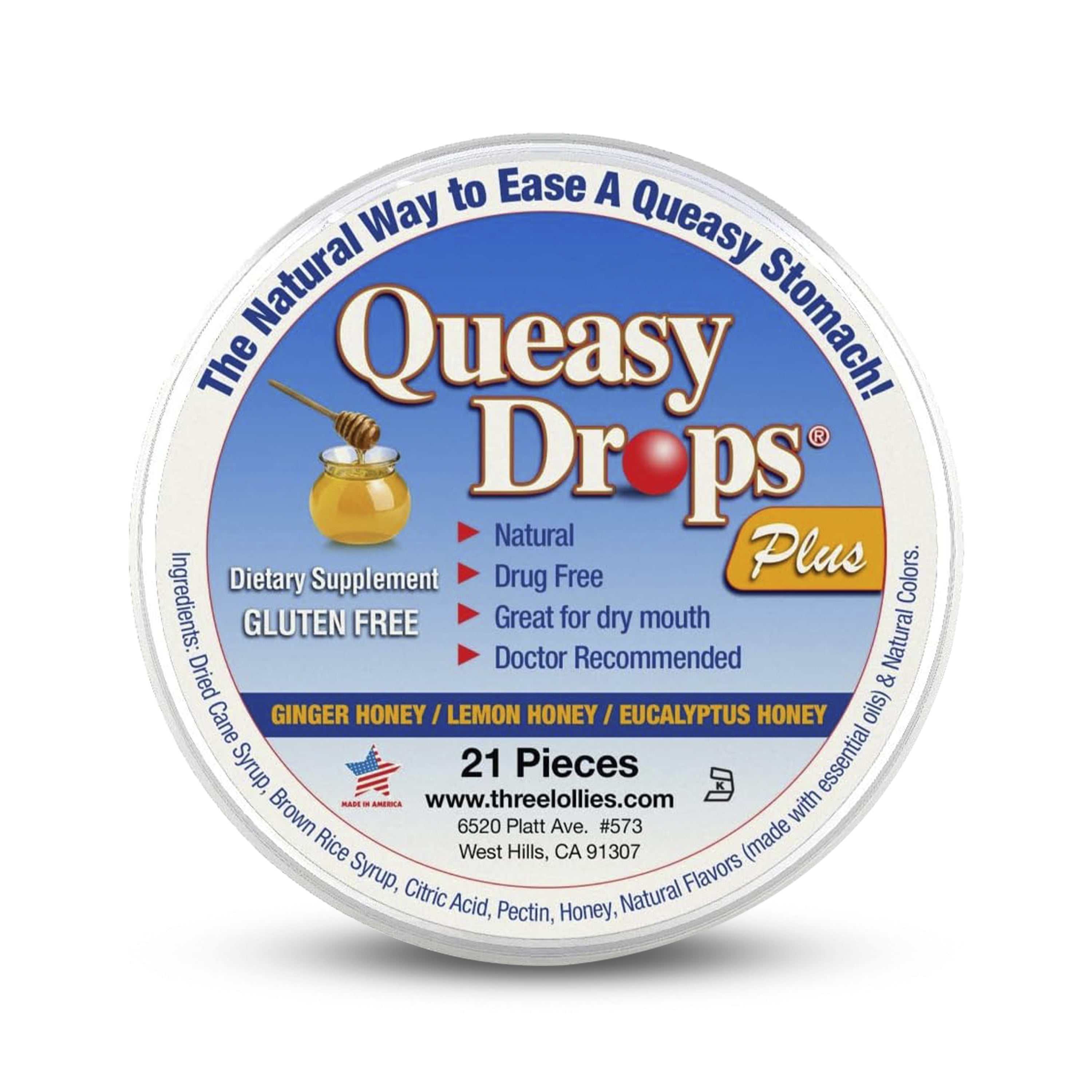 Three Lollies Queasy Drops Plus - Lozenges with Pectin & Honey to Relieve a Severe Dry Mouth - Helps to Alleviate Nausea & Dry Mouth - Natural - 21 ct