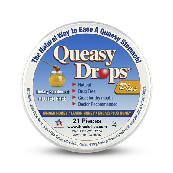 Three Lollies Queasy Drops Plus - Lozenges with Pectin & Honey to Relieve a Severe Dry Mouth - Helps to Alleviate Nausea & Dry Mouth - Natural - 21 ct