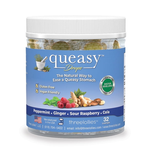 Three Lollies Queasy Drops - Relief from Nausea & Travel Sickness - Soothes a Dry Mouth & Settles Stomach - Natural Ingredients - 5 Flavors - 32ct