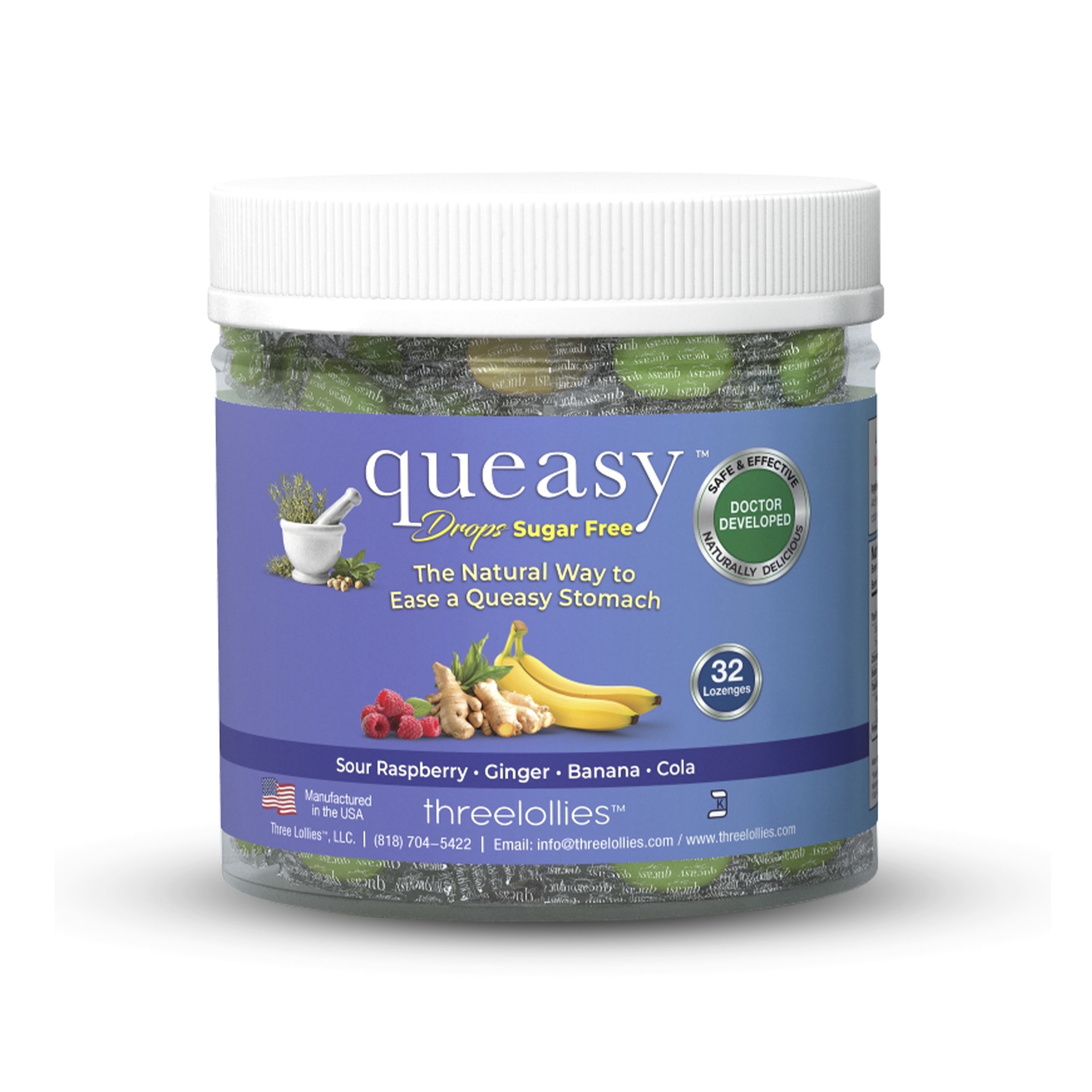 Three Lollies Queasy Drops Sugar-Free - Relief from Nausea & Travel Sickness, Alleviates a Dry Mouth, Non-Drowsy Natural Ingredients - 32 ct
