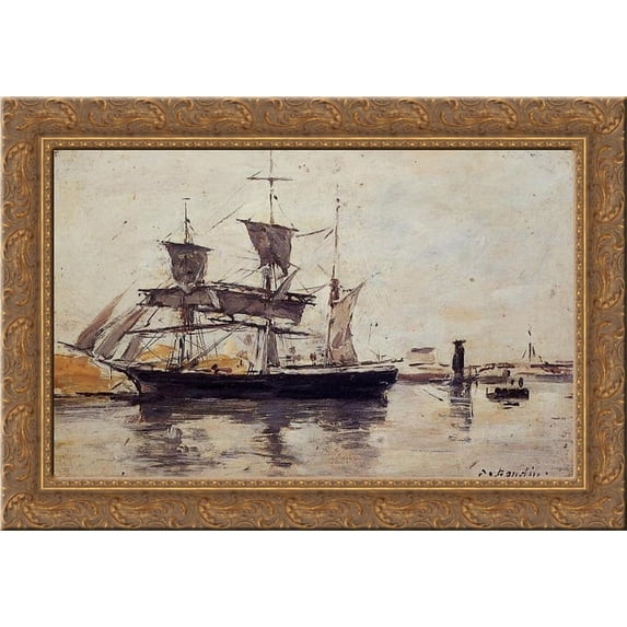 Three Masted Ship at Dock 24x18 Gold Ornate Wood Framed Canvas Art by Eugene Boudin