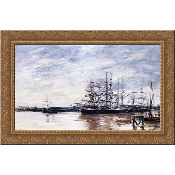 Three Masted Ship in Port, Bordeaux 24x18 Gold Ornate Wood Framed Canvas Art by Eugene Boudin