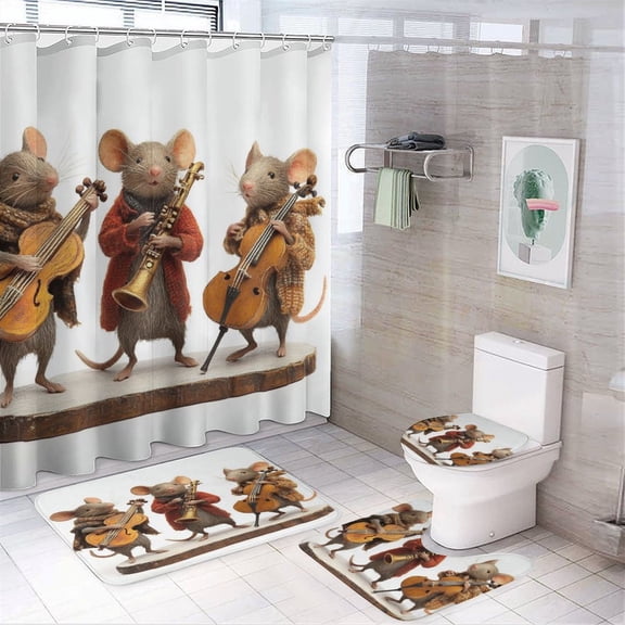 Three Mice Playing Musical Instruments Shower Curtain 4 Piece Sets Shower Curtain Set with Rugs Adorable Funny Mice Waterproof Fabric Bath Curtains for Bathroom Decor Sets