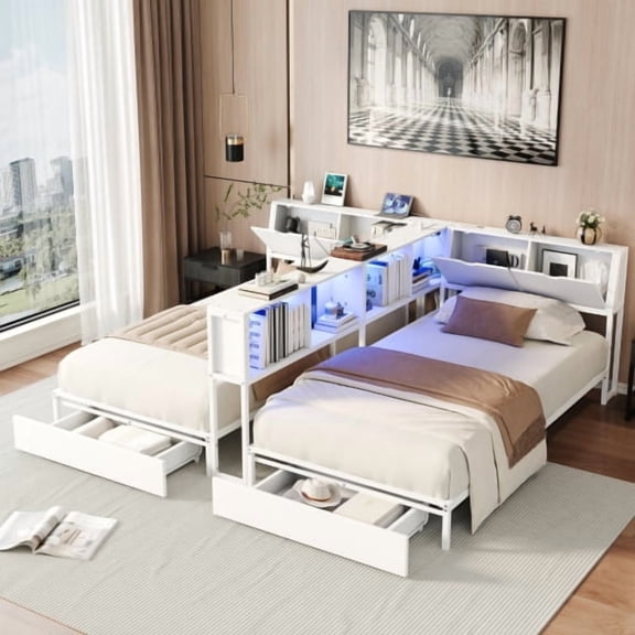 Three‑Mode Expandable Bed Frame, Two Beds Combinable Into Large Bed, 100% Squeak‑Free,Heavy‑Duty High Weight Capacity, With Bookcase Headboard Large Drawers Built‑in LED Lights and Charging Ports