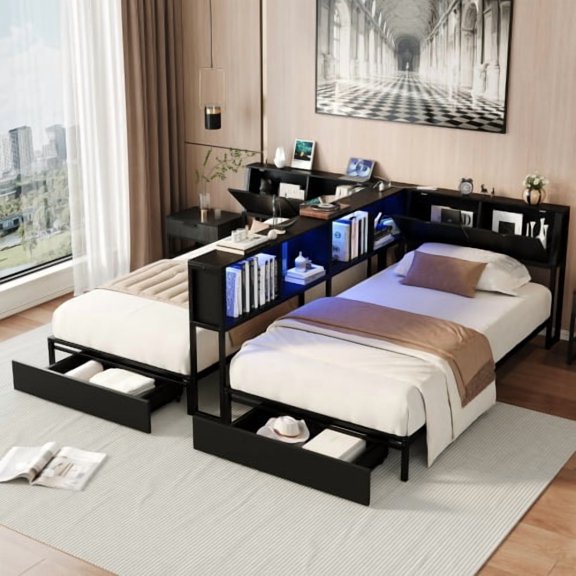 Three‑Mode Expandable Bed Frame, Two Beds Combinable Into Large Bed, 100% Squeak‑Free,Heavy‑Duty High Weight Capacity, With Bookcase Headboard Large Drawers Built‑in LED Lights and Charging Ports