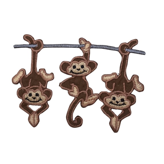Three Monkeys - Hanging on a Limb - Iron On Embroidered Applique Patch