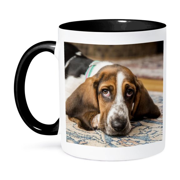 Three Month Old Basset Puppy Looking Forlorn., 11oz Two-Tone Black Mug