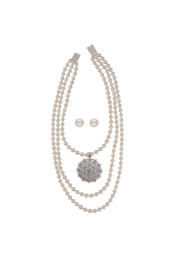 Three Multi-Strand Round Pearl Necklace With Classic Pendant Set For Women