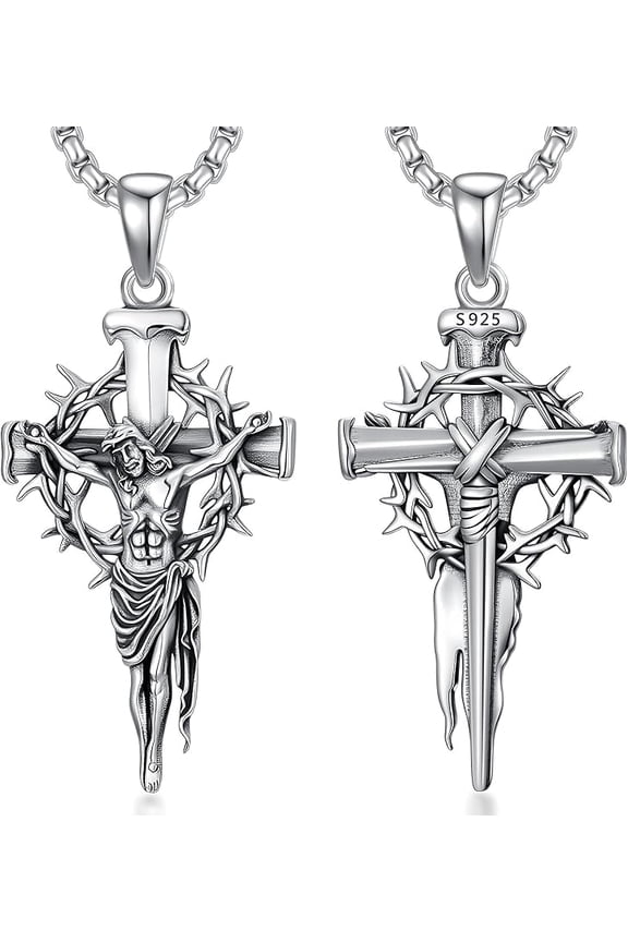 Three Nail Cross Necklace 925 Sterling Silver 3 Nail Cross Pendant Christian Jewelry Gifts for Men 22+2"