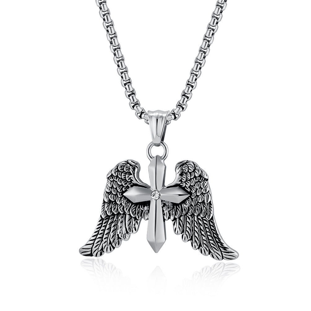 Angel Wing Cross Necklace, Vintage Cross Pendant, Christian Jewelry, Men's Gift, 23.62-inch