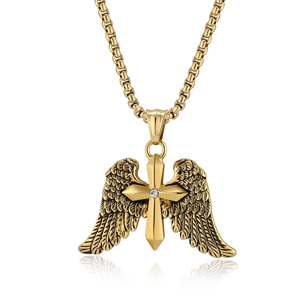 Angel Wing Cross Necklace, Vintage Cross Pendant, Christian Jewelry, Men's Gift, 23.62-inch