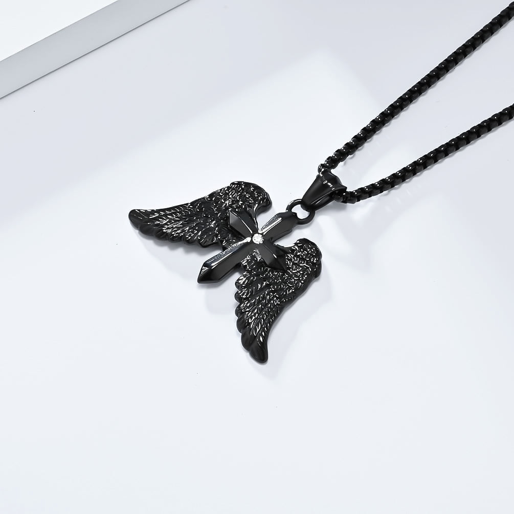 Angel Wing Cross Necklace, Vintage Cross Pendant, Christian Jewelry, Men's Gift, 23.62-inch