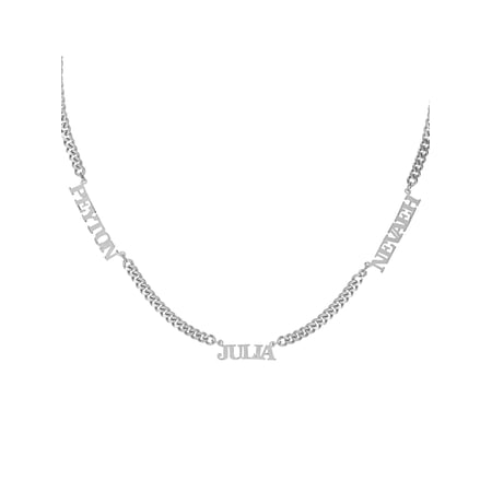 Three-Name Name Necklace. All Uppercase. 6mm High. High Polish.
