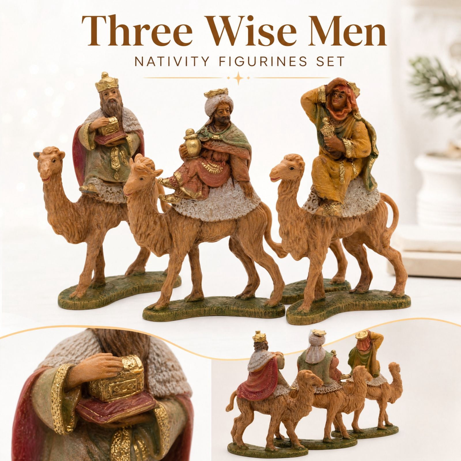 Three Nativity Figurines with Riding Camels and Traditional Robes, Set ...