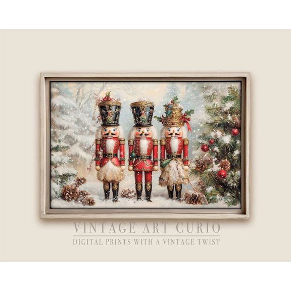 Three Nutcrackers In A Rustic Winter Wonderland, Whimsical Winter Wall Art Farmhouse And Cottagecore Homes #3986 Warm Present Vintage UNFRAMED Poster Size 24x36