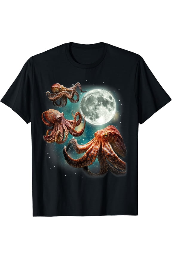 Three Octopuses 3 Moon Ocean Deep Sea Creature Wildlife T Shirt