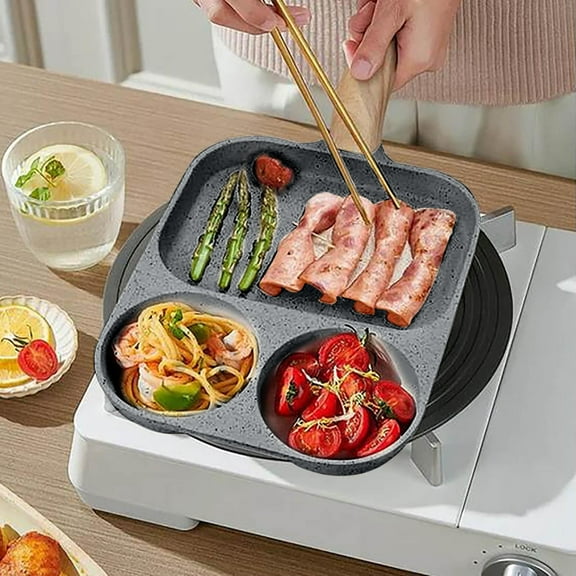 Three in One Frying Pan Non Stick, QQZ Multi-Purpose Flat Bottom Pan for Breakfast, 3 Zone Cooking with Heat Resistant Handle for Gas Induction Stove, Gray