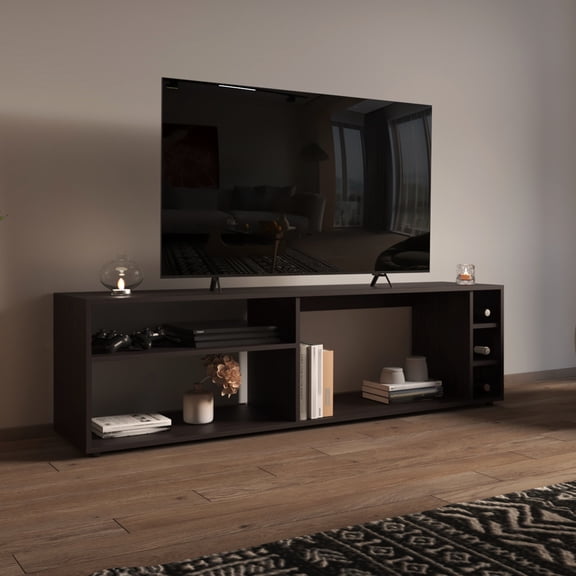 Three Open Shelves and Three Bottle Cubbies | In Living Room for TV and Bar Needs, Cable - Organized | Ample Storage and Minimalistic Design