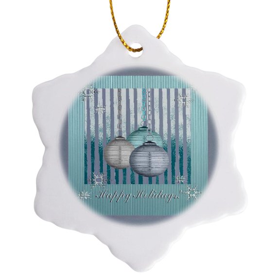 3drose, Three Ornaments, Happy Holidays, Aqua Green, Silver and Blue, 3 inch Snowflake Porcelain Ornament