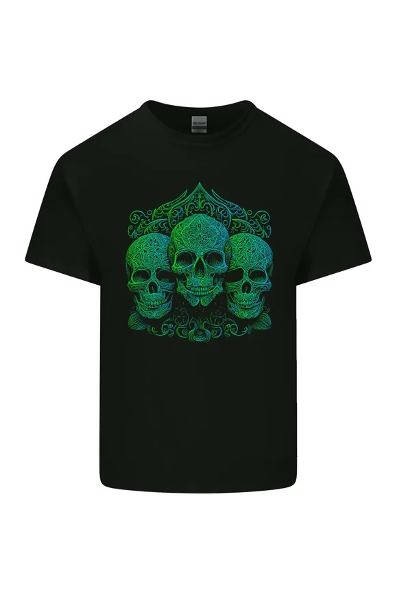 Three Ornate Green Skulls in a Gothic Goth Macabre Dark Art Style Unisex T-Shirt, up to size 5XL