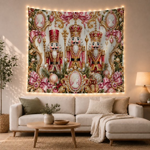 Three Ornate Nutcrackers in Royal Regalia Against Baroque Scrollwork, Majestic Maximalist for Kids, Holiday Wall Art Decor, Christmas Gift, Tapestry Wall Hanging for Nursery and Living Room