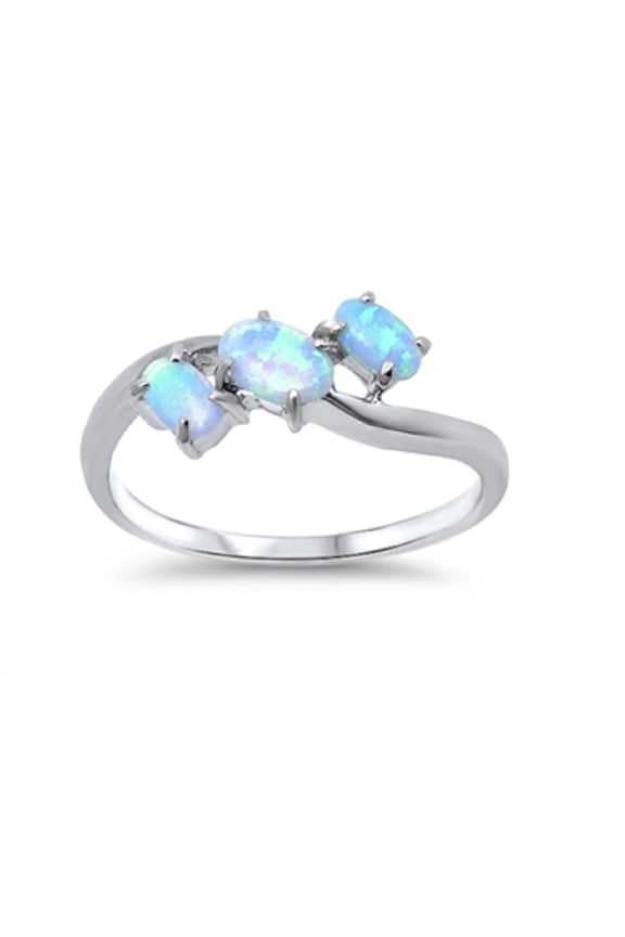 Three Oval Center Bent Ring Light Blue Simulated Opal Sterling Silver Size 5