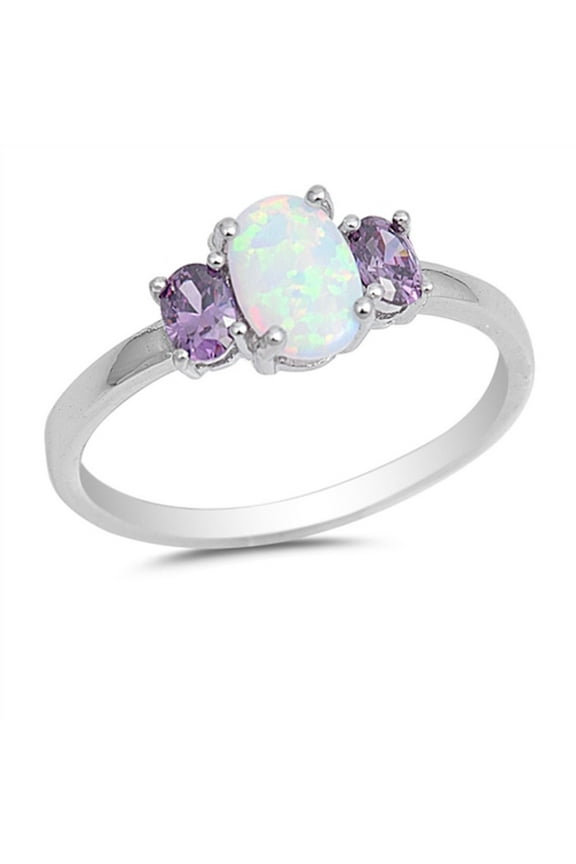 Three Oval Cut White Simulated Opal & Simulated Amethyst Cubic Zirconia Ring Sterling Silver Size 10