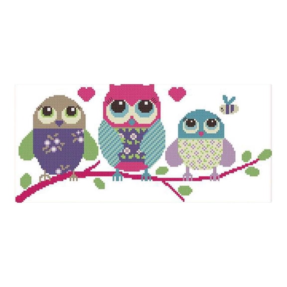 Three Owls - Stamped Cross 14CT Cloth for Beginners DIY 37x19cm 14CT