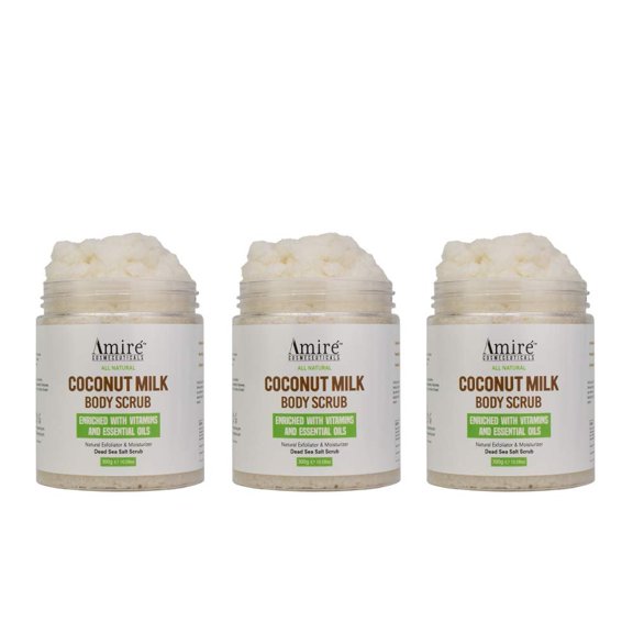 Three Pack of Amire Coconut Milk Scrub For Body And Face, 100% Pure Dead Sea Salt Exfoliating and Moisturizing Scrub For Cellulite Stretch Marks, Acne, Infused with Vitamin E, Shea Butter, Argan Oil