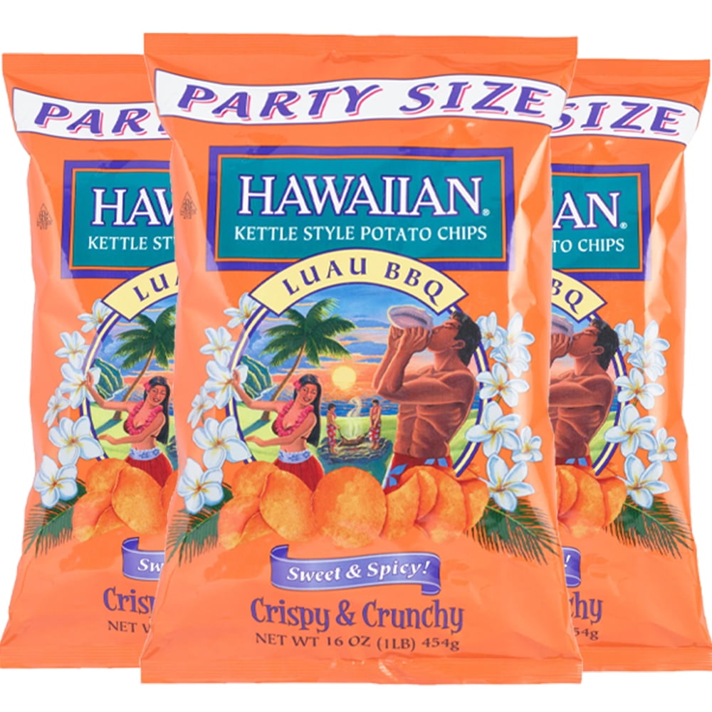 Three Pack Hawaiian Kettle Style Luau BBQ Potato Chips 16 Ounce Bag 3