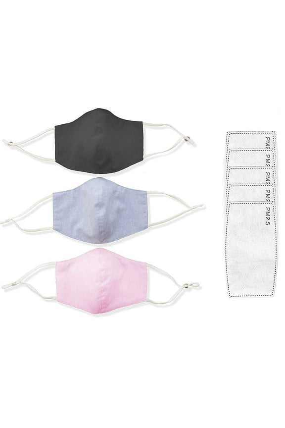 Three Pack of Reusable Face Masks - Water-Resistant Mask Made with Breathable Cotton, Adjustable Mask, Washable Cloth Mask - Adult Face Masks For Women and Men - Fabric Mask w/ 5 PM 2.5 Carbon Filters