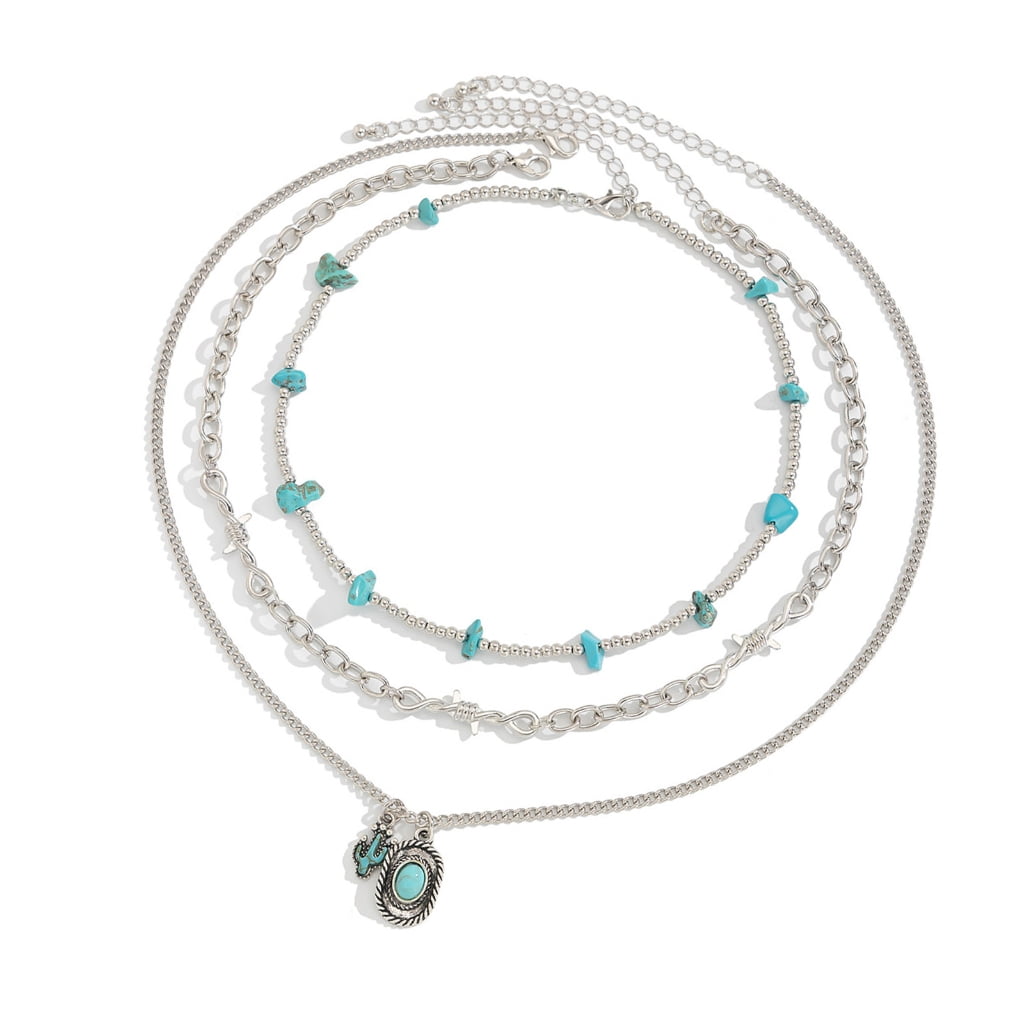 ESTON Three Pack of Turquoise Chokers Necklaces Featuring Silver Cactus Pendant Great for Adding A Touch of Western Charm