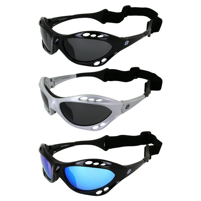 Three Pair Birdz Seahawk Polarized Sunglasses Floating Jet Ski Goggles Sport Kite-Boarding, Surfing, Kayaking, Two Smoke, One Blue Mirror Lens