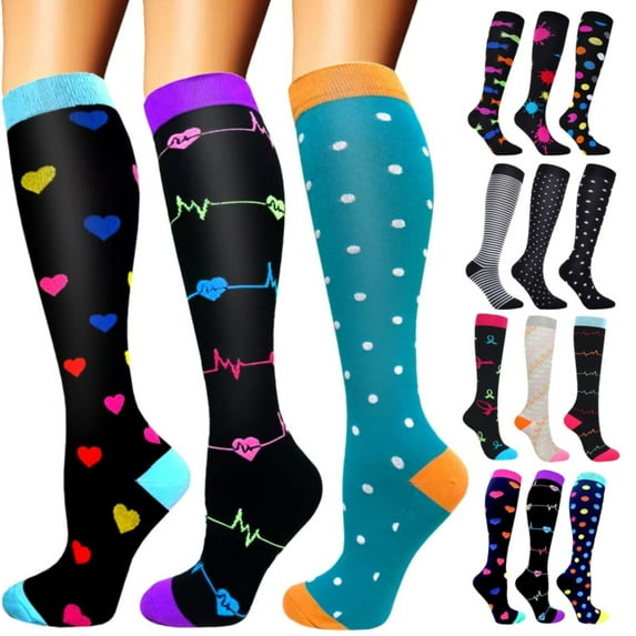 Three Pair Colorful Compression Socks for Men and Women Sports Travel and Running