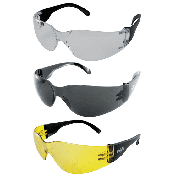 Three Pairs of Global Vision Rider Safety Motorcycle Riding Sunglasses Black Frames One Pair Clear Lens One Pair Smoke Lens and One Pair Yellow Tint Lens ANSI Z87.1