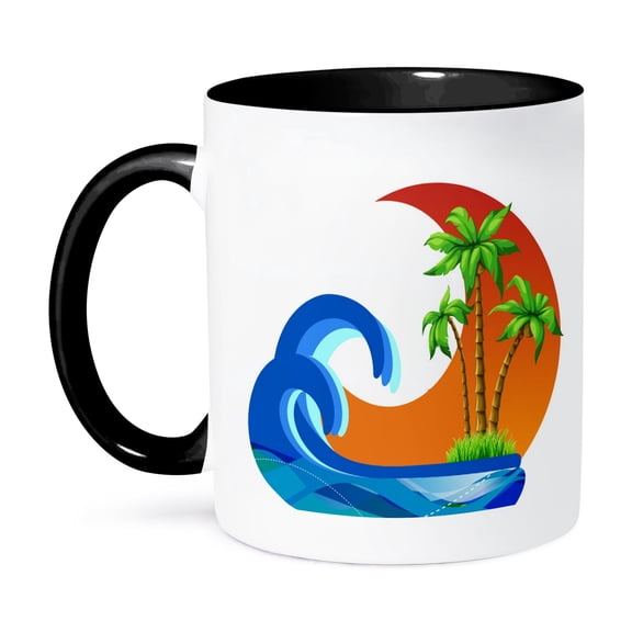 3dRose, Three Palm Trees In The Arc Of An Orange Sun With A Blue Wave Design, 11oz Two-Tone Black Mug