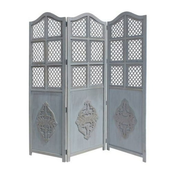 Three Panel Wooden Room Divider with Traditional Carvings and Cutouts, Blue
