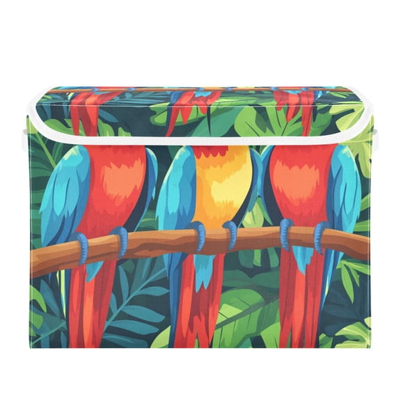 Three Parrots on Branch Leaves Foldable Storage Bin with Lid and Handle Collapsible Storage Box 16.5 x 12.6 x 11.8 inches